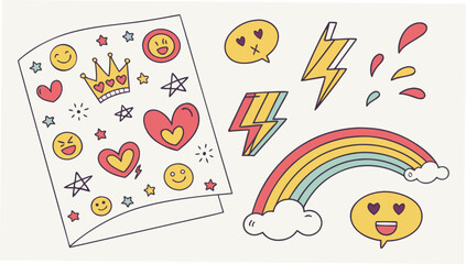 Hand drawn sticker sheet with emojis, crown, hearts, stars, lightning, rainbow, clouds, and speech bubbles for decoration and design