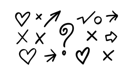 Handdrawn doodle elements, showcasing hearts, crosses, arrows, question marks, circles, and other sketched symbols in a simple, artistic style