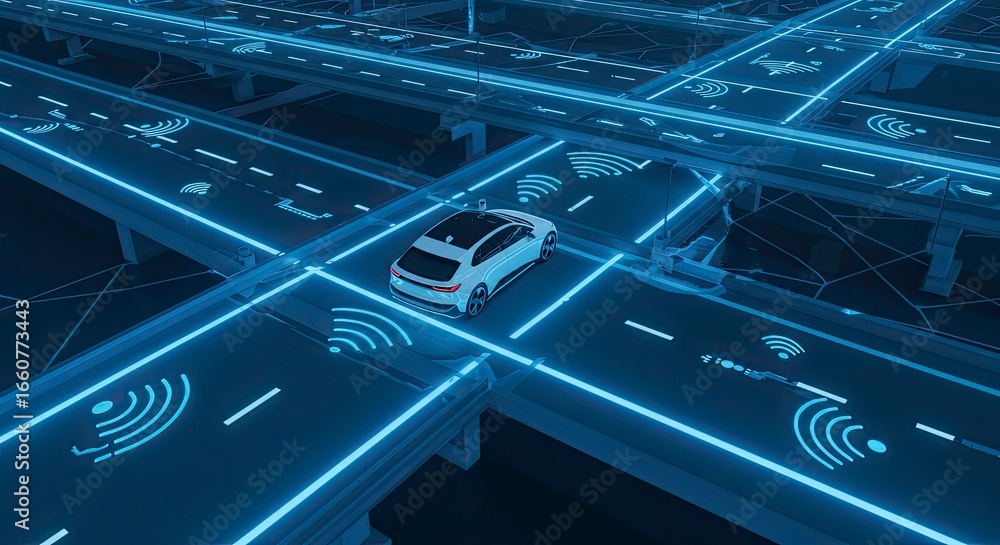 Poster futuristic autonomous car navigating neon-lit highway network with wireless connectivity