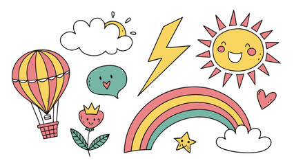 A delightful collection of handdrawn cartoon elements, featuring a cheerful sun, rainbow, cloud, balloon, and flower for whimsical designs