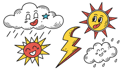 Cartoon weather doodles featuring sun, clouds, and lightning in a cute and whimsical style perfect for designs and illustrations