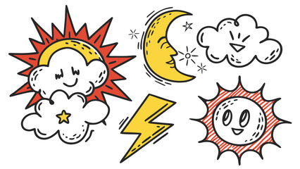 Cartoon weather doodles featuring sun, moon, clouds, and lightning in a cute and whimsical style perfect for designs and illustrations