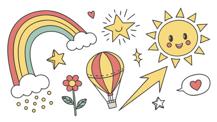 Collection of charming doodle stickers featuring rainbows, suns, balloons, flowers, stars, hearts, clouds, and arrows