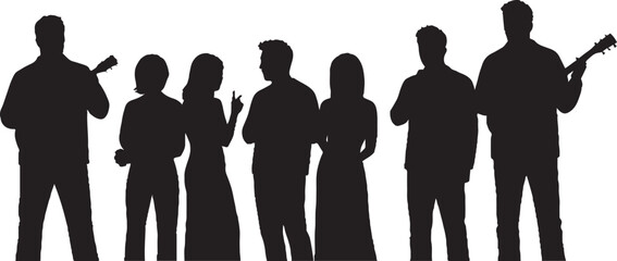 Black Silhouettes Group of Diverse People with Musicians and Conversing Figures Vector