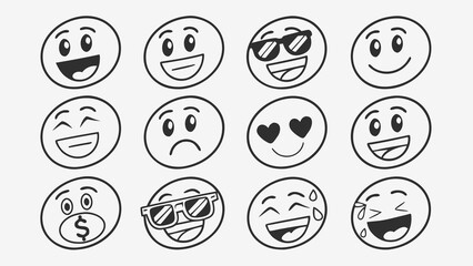 Emoji face expression smile cartoon happy character funny icon emotion cute vector set design illustration comic symbol drawing graphic