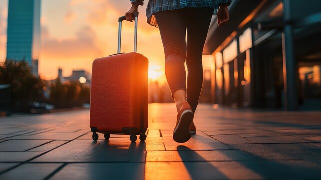 A woman is walking down the street with a red suitcase