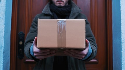 A man is holding a brown cardboard box