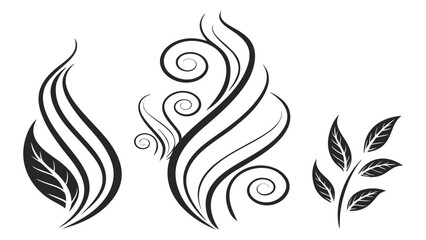 Elegant black and white floral design elements with swirls and leaves for creating decorative patterns and designs with a natural touch