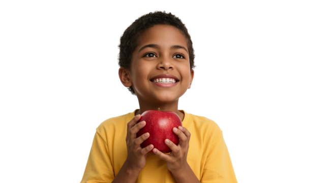 Young boy joyfully presenting a vibrant red apple against a black backdrop