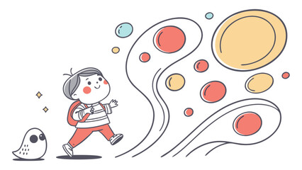 Cute boy walking with ghost friend and bubbles, vector illustration with a decorative and artistic style for childrens design