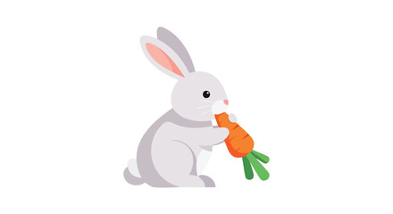 Charming illustration of a fluffy gray bunny joyfully munching on a vibrant orange carrot in a bright white scene