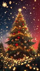 Christmas Holiday Background with Glowing Tree and Snowflakes	