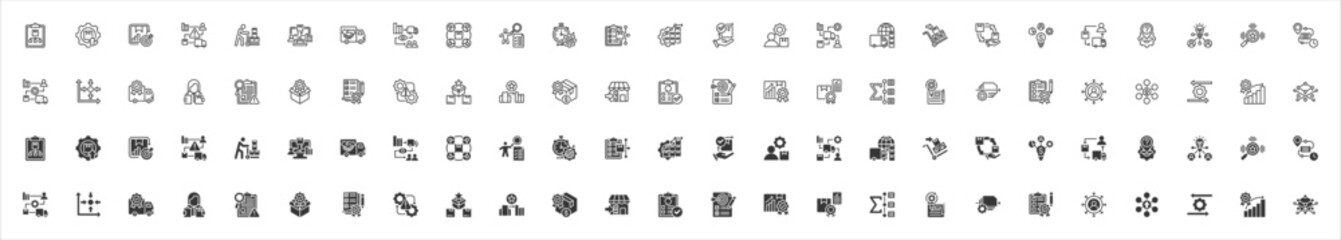 Delivery management icon collection set outline and black solid style. Containing plan, target, supply chain, risk, carrier, software, contract, visibility, team, inspection, logistics, wireframe.