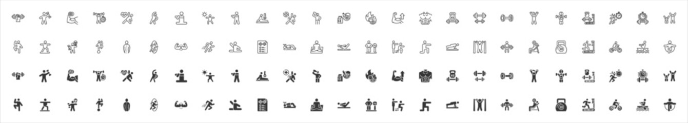 Fototapeta premium Fitness training icon collection set outline and black solid style. Containing workout, exercise, strength, endurance, cardio, flexibility, conditioning, mobility, recovery, hydration, jump rope.