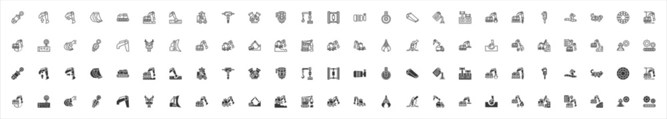 Excavator icon collection set with outline and black solid style. Containing hydraulic system, boom , arm, bucket, caterpillar tracks, excavation, digger, operator cabin, breaker, machine work. © Uniconlabs
