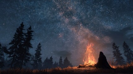 Fototapeta premium Night sky campfire silhouette