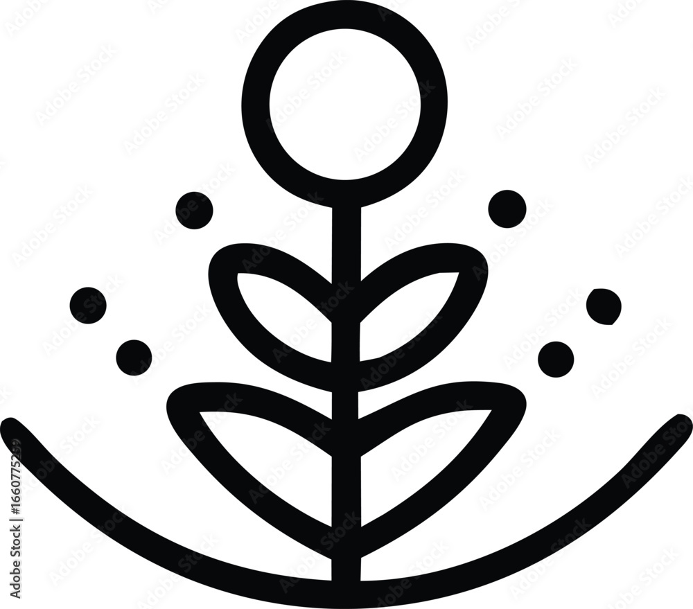 Poster simple black line art symbol of growth and nature with dots and curved base for branding and design 