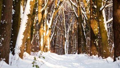Snowy forest path in sunlight