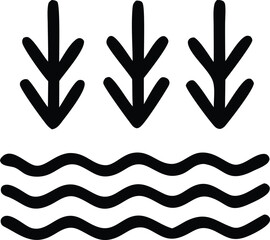Simple iconography representing three downward arrows pointing towards wavy lines symbolizing water flow or drainage