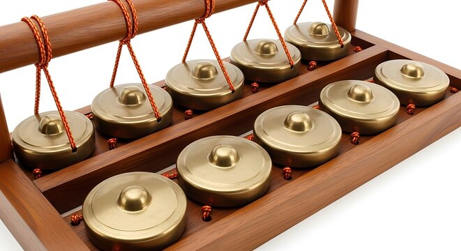 Traditional Southeast Asian gong-chime musical instrument, a Kulintang or bonang, isolated on a white background. Ethnic cultural music concept.
