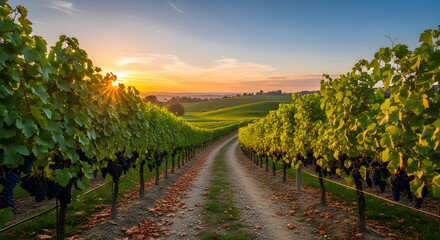 Naklejka premium Vineyard Vista at Golden Hour: A Serene Pathway Through Lush Grapevines, Bathed in the Warm Light of Setting Sun, Offering a Tranquil Escape and Promise of Fine Wine experiences