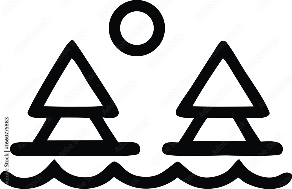 Poster abstract symbolism of two peaks and a circle representing nature and celestial bodies in a simplifie