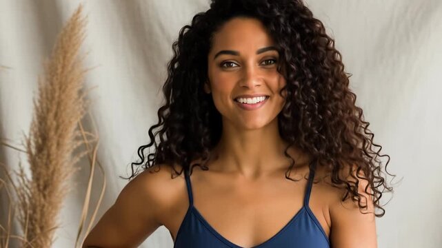 Young woman in a blue bralette and sweatpants sitting indoors