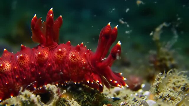 Close-up of a vibrant red sea slug