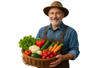 senior man holding a basket of vegetables