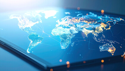 Digital World Map: A glowing world map, illuminated with radiant lights, rests on a sleek, modern tablet, showcasing global connectivity and digital innovation. 