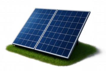 Solar panels generating renewable electricity, resting on verdant grass against transparent background