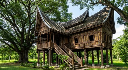 Fototapeta premium Majestic traditional wooden stilt house with intricate carvings nestled under a large ancient tree in a tropical park.