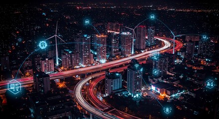 Futuristic Cityscape at Night: Smart City with Data Network, Wind Turbines, and Traffic
