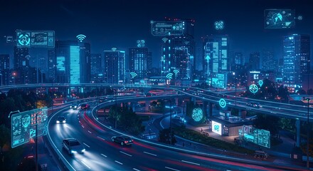 Futuristic Cityscape at Night, Smart Transportation Network, Holographic Displays