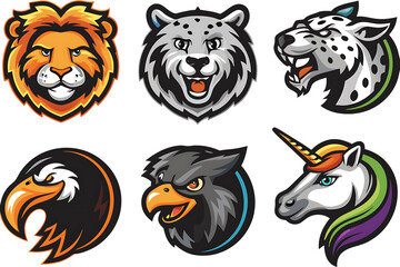Obraz premium wild animals heads logo mascot set lion tiger isolated on white background, png, ai generated.
