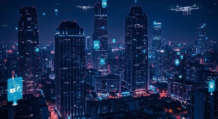 Futuristic Cityscape at Night with Drones and Digital Network Overlay