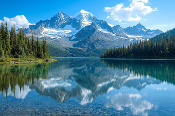 Fototapeta premium Peaceful Alpine Lake Surrounded by Pine Forest and Mountains