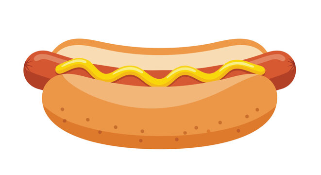 Graphic illustration of a tempting hot dog with a swirl of golden mustard, perfect for fast food marketing and menu graphics displaying appealing