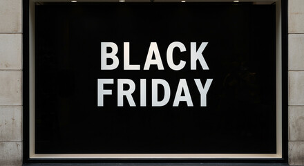 Obraz premium Black friday sign displayed in a store window with a black background and white block lettering