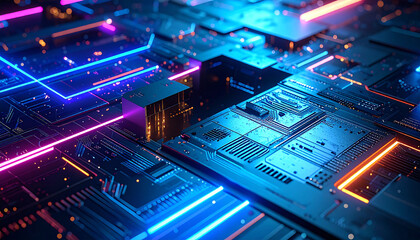 Digital Grid: An intricate digital grid shimmers with neon blue and orange accents, highlighting the complexity and interconnectedness of modern technology.