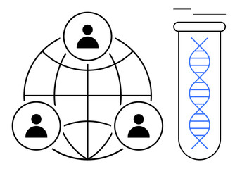 Network of people connected by a globe and a DNA strand in a test tube. Ideal for research, biotechnology, collaboration, networking, innovation, science, healthcare. Simple flat metaphor
