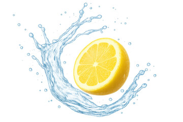 Fresh lemon slice splashing in water on transparent background