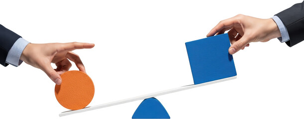 A balanced seesaw holds a blue cube and an orange circle hands placing them onto the scale collage art transparent background