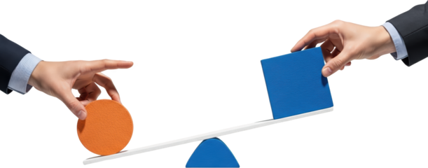 A balanced seesaw holds a blue cube and an orange circle hands placing them onto the scale collage art transparent background