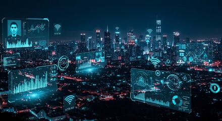 Futuristic Cityscape: Data Overlays and Connectivity in a Digital Metropolis at Night