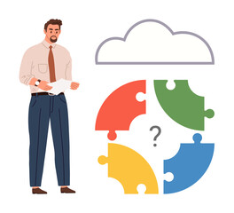 Businessman in formal wear holding a document, standing near colorful incomplete jigsaw puzzle under a cloud symbol. Ideal for problem-solving, analysis, brainstorming, decision-making, innovation