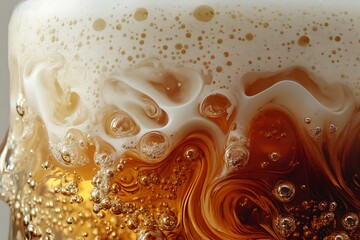 Close Up Of Beer Foam And Bubbles-Macro shot of frothy beer foam swirling over golden liquid with bubbles rising, showing refreshing and detailed texture of drink.
