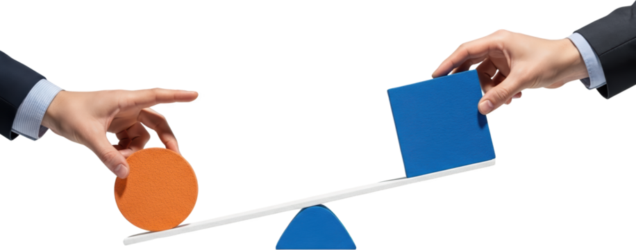 A balanced seesaw holds a blue cube and an orange circle hands placing them onto the scale collage art transparent background