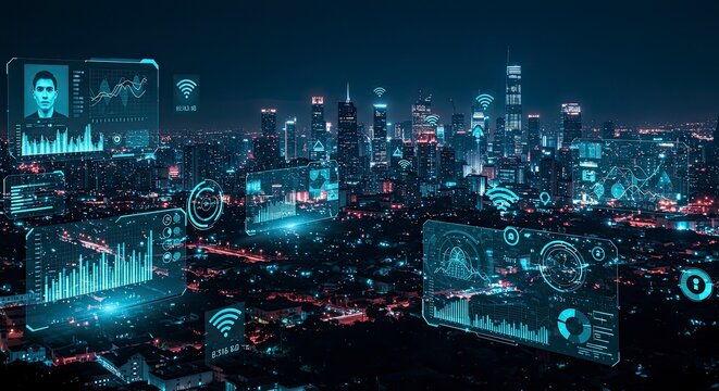 Futuristic Cityscape: Data Overlays and Connectivity in a Digital Metropolis at Night