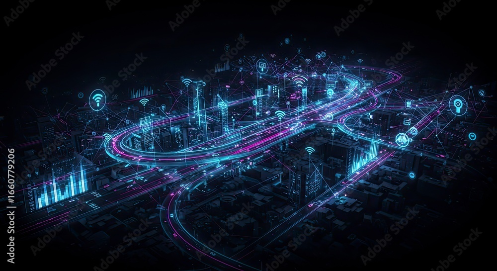 Aufkleber futuristic cityscape: digital network and data flow visualization.